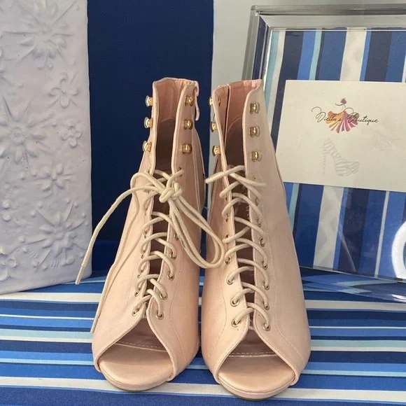 Light pink lace up peep toe ankle high heel zipper booties size 10 - Picture 12 of 14